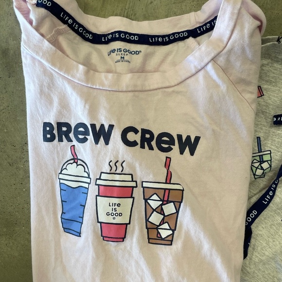 Life is Good Brew Crew Womens Pajama Set Top and Bottom Size Medium Coffee - Picture 3 of 3